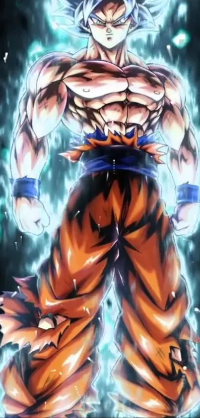 Anime character in an energized stance with glowing aura and orange pants.