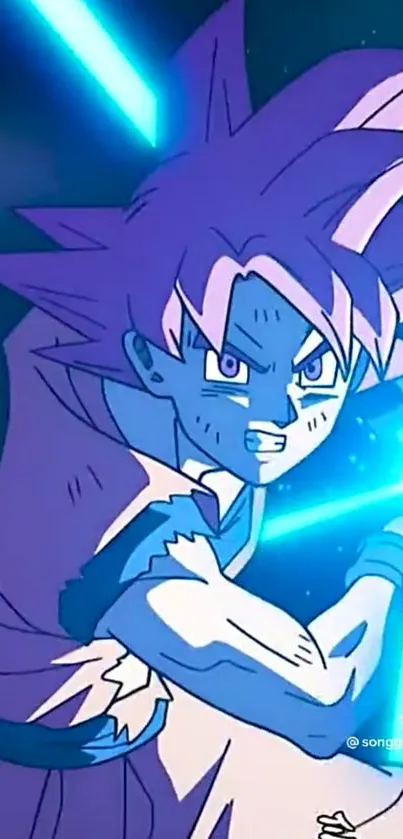 Anime warrior with blue energy burst in action pose.