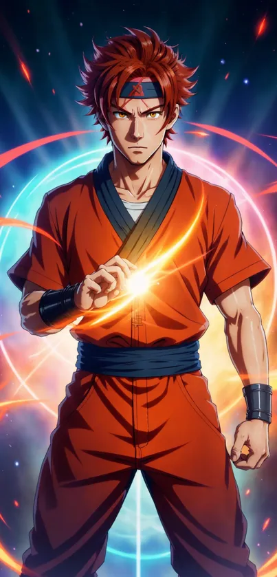 Anime warrior with energy burst aura in vibrant orange hues.