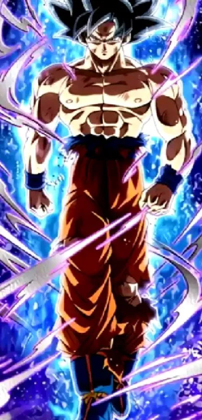 Epic anime warrior with vibrant blue energy background.