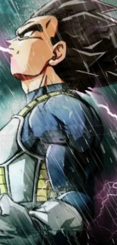 Anime warrior in rain with lightning background, striking a powerful pose.