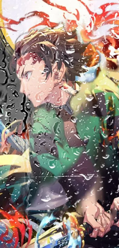 Anime warrior with dynamic colors and rain effect in vibrant wallpaper.