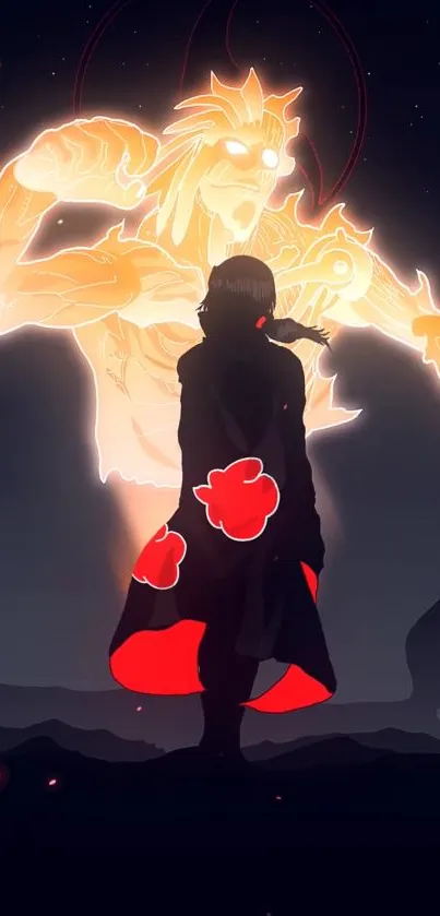 Anime warrior silhouette with fiery spirit glowing in background.