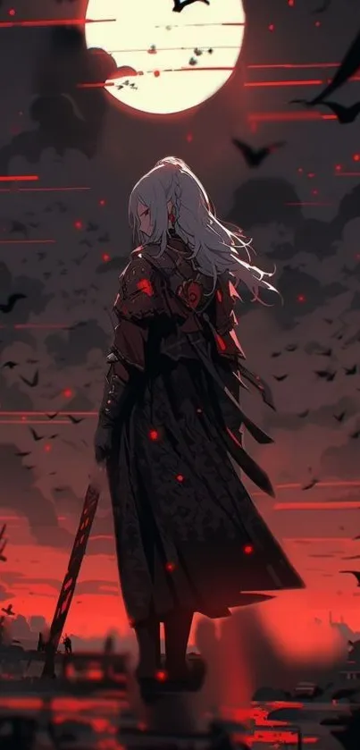 Anime warrior stands against a blood-red moon, surrounded by clouds and bats.