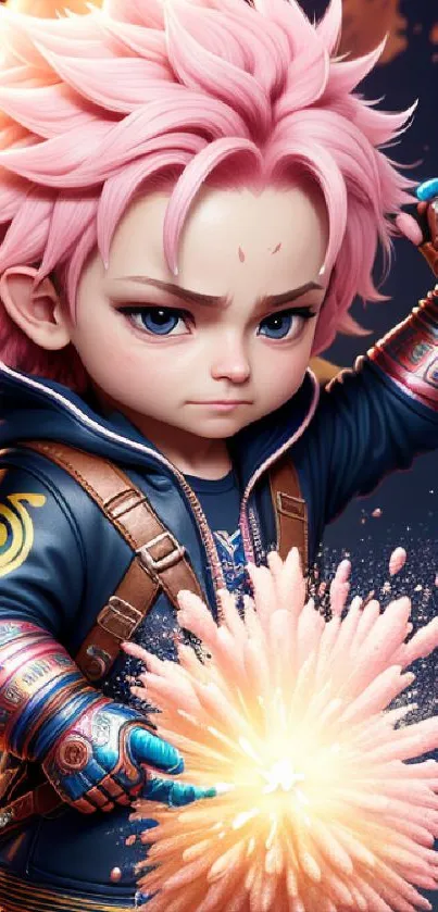 Anime warrior with pink hair and a glowing spark in a dynamic pose.
