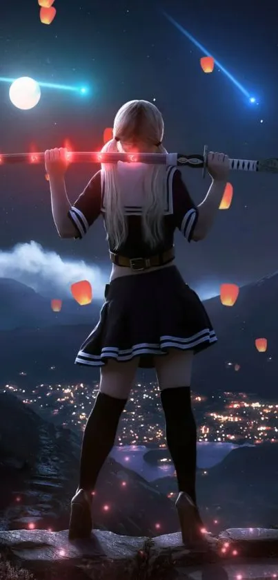 Anime warrior holds sword under a starry sky, surrounded by glowing lanterns.