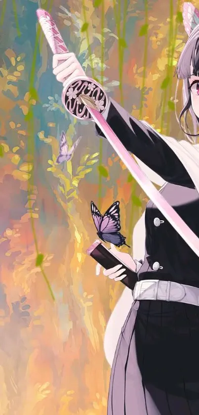 Anime warrior with a sword and butterfly in a vibrant, colorful scene.