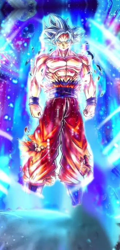 Anime warrior in a vibrant transformation scene with colorful energy waves.