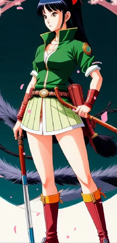 Anime female warrior with cherry blossoms in vibrant colors.