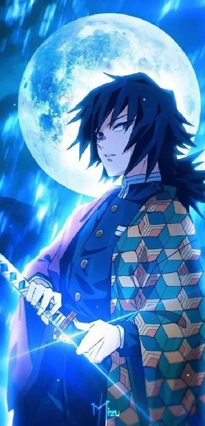 Anime warrior in blue light with a moonlit backdrop.