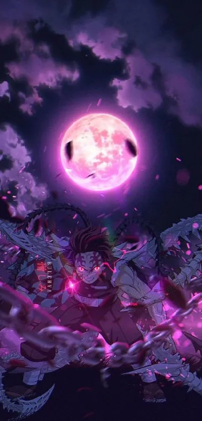 Anime warrior under a vibrant purple moon and starry sky.