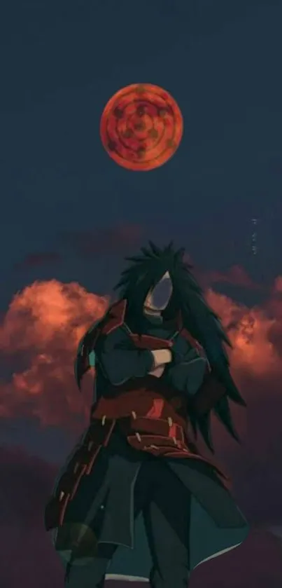 Anime warrior stands under red moon at night.