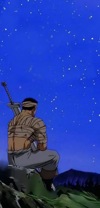 Anime warrior sits beneath a starry sky.