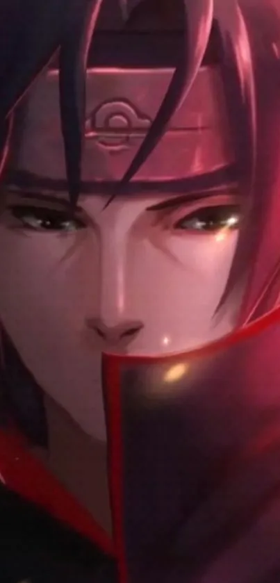 Anime warrior with intense eyes and red hues.