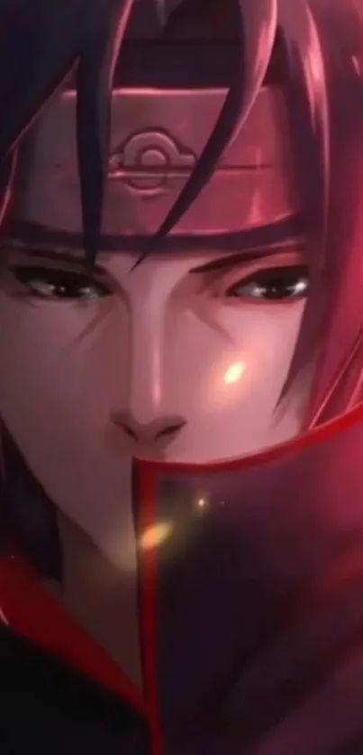 Anime warrior with intense gaze in dark red tones.