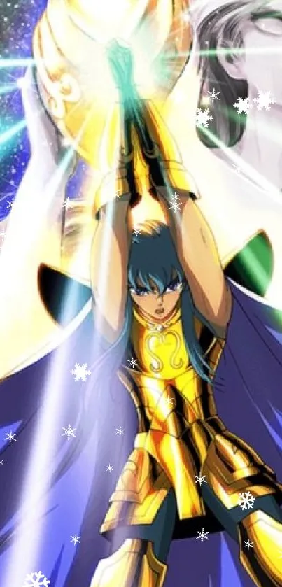 Anime warrior in golden armor with vibrant, glowing lights.