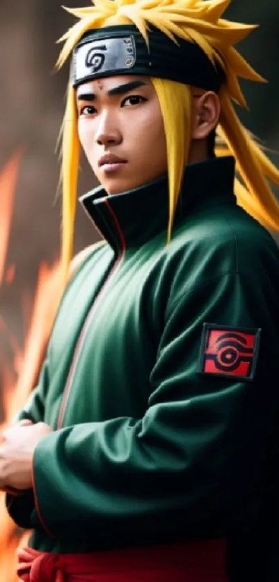 Anime warrior in green cloak with fiery backdrop.