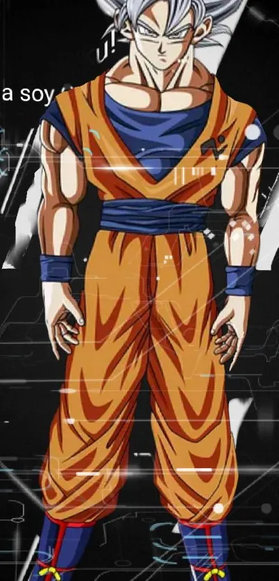 Anime warrior in orange gi with striking pose on dark background.