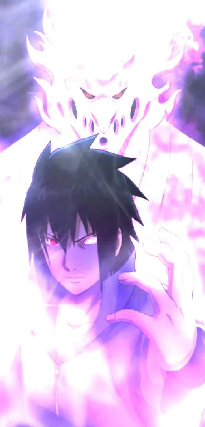 Anime character with purple aura and intense energy backdrop.