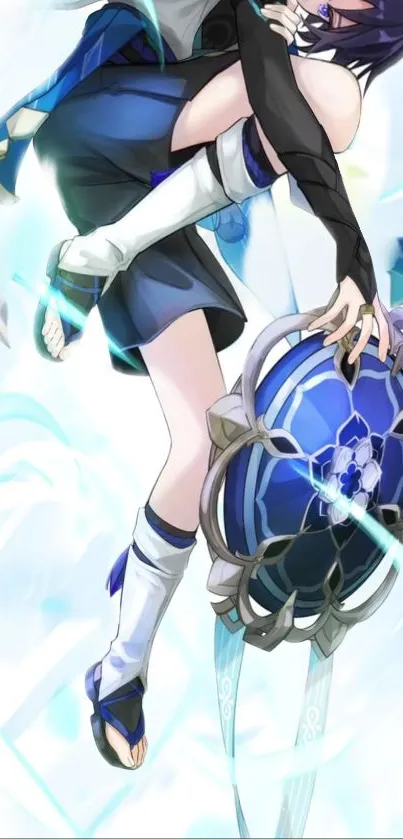 Anime warrior holding a blue shield with dynamic energy.