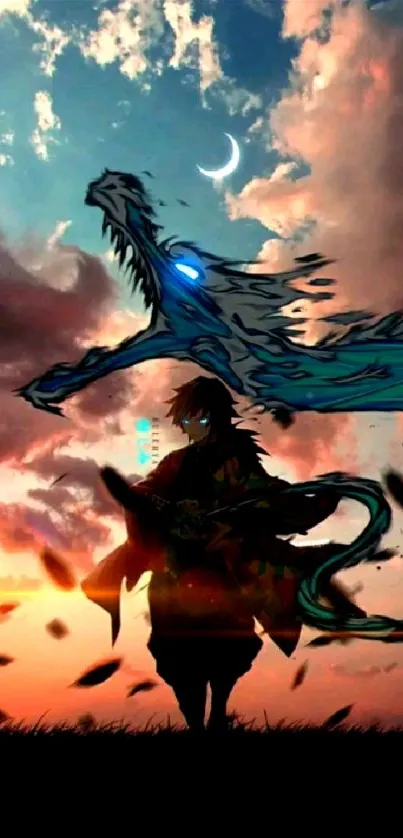 Anime warrior silhouette with dragon under a vibrant sky.