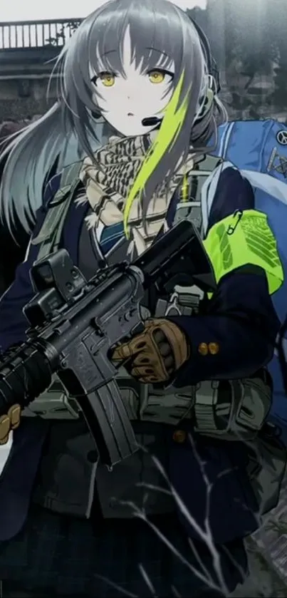 Anime warrior holding a gun with a blue backpack.