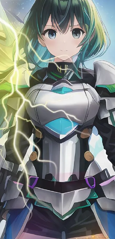 Anime warrior in futuristic armor with lightning effect, vibrant colors.