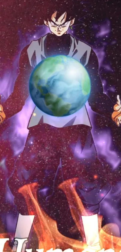 Anime warrior holds a glowing planet with cosmic background.