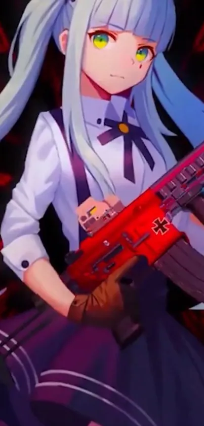 Anime girl with a red gun in a dynamic pose against a dark background.