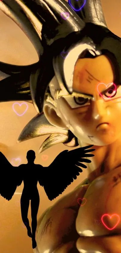 Anime warrior with wings in golden light and heart motifs on wallpaper.