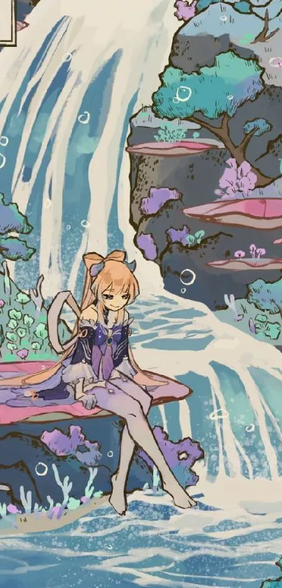 Anime girl sitting by a waterfall in a fantasy landscape.