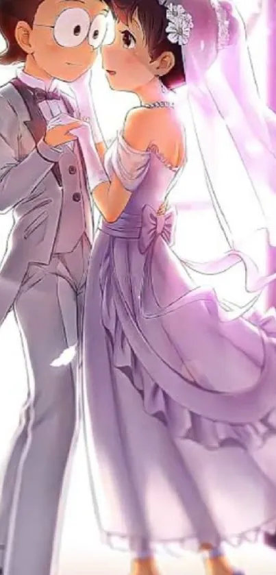 Anime wedding couple dancing in lavender attire.