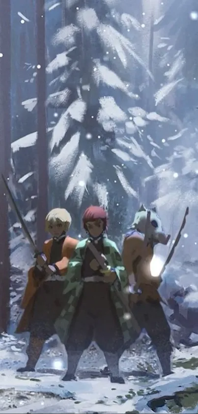 Anime warriors in a snowy forest scene, perfect for mobile wallpaper.