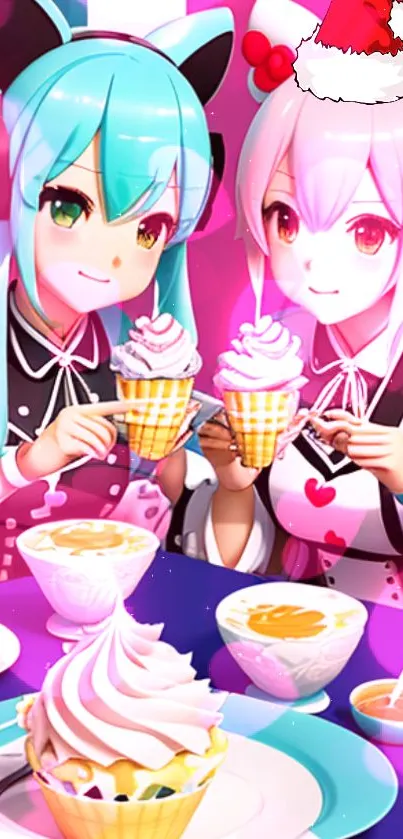 Anime girls enjoying festive desserts in a colorful winter setting.