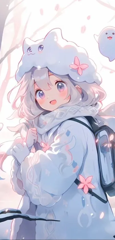 Cute anime girl with spirits in winter scene.