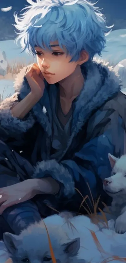 Anime character with blue hair and foxes in a snowy landscape.