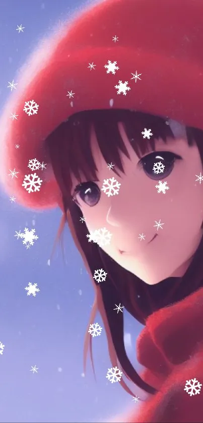 Anime girl in red winter attire with snowy background, ideal for mobile wallpaper.