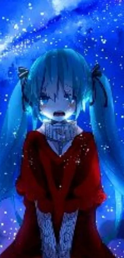 Anime character with blue hair in a winter night setting.