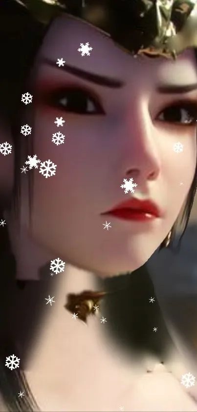 Anime princess with snowflakes and serene expression in winter scene.