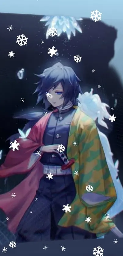 Anime character with snowflakes in a winter scene wallpaper.