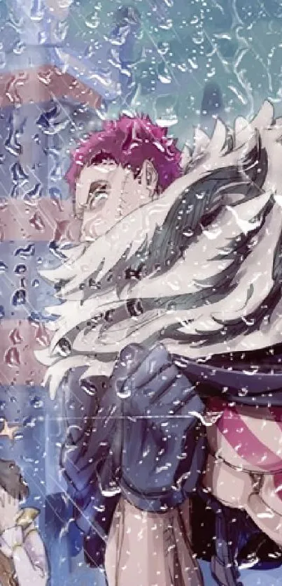 Anime warrior in winter scene with dark cloak and snowy background.