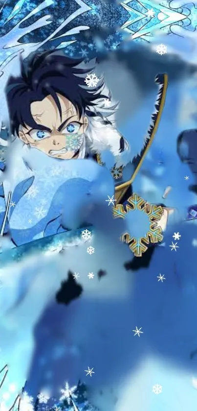 Anime warrior in winter scene with bright icy blue colors and dynamic action.