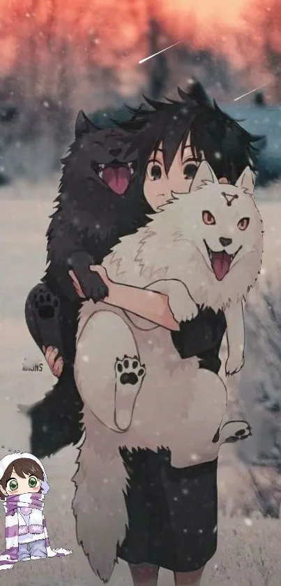 Anime wallpaper of a child with two wolves in a snowy winter setting.