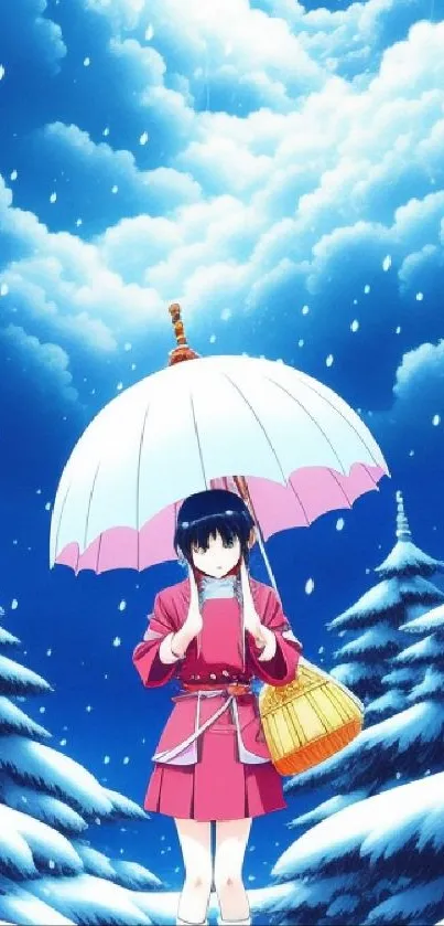 Anime character with umbrella in snowy forest under a bright sky.