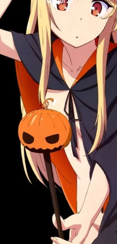 Anime witch holding a pumpkin staff in a Halloween themed artwork.