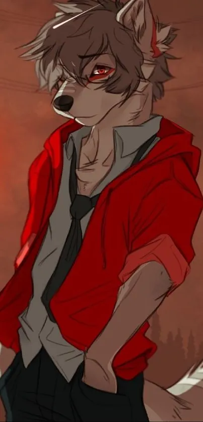 Anime wolf in red jacket under sunset background.