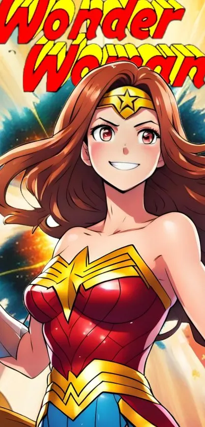 Anime Wonder Woman in vibrant costume poses heroically.