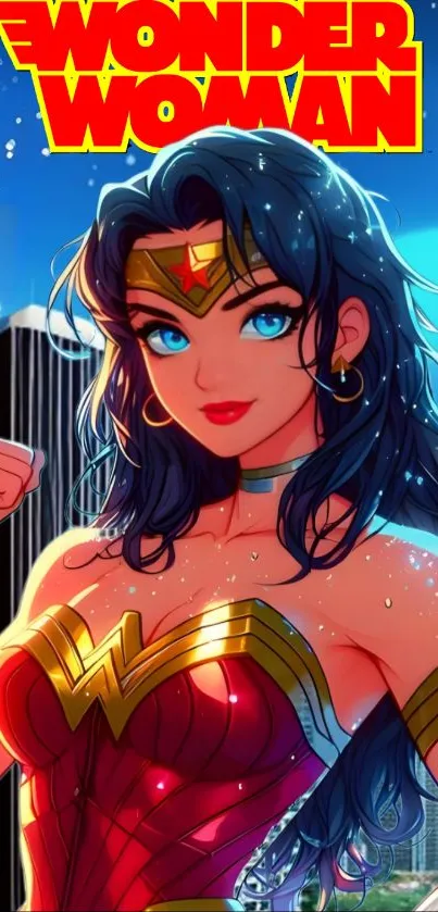 Anime Wonder Woman in vibrant colors, bold style.