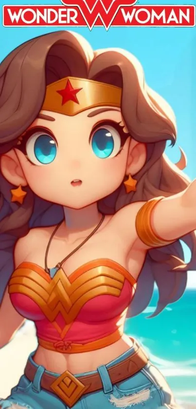 Anime Wonder Woman on beach, vibrant summer scene.