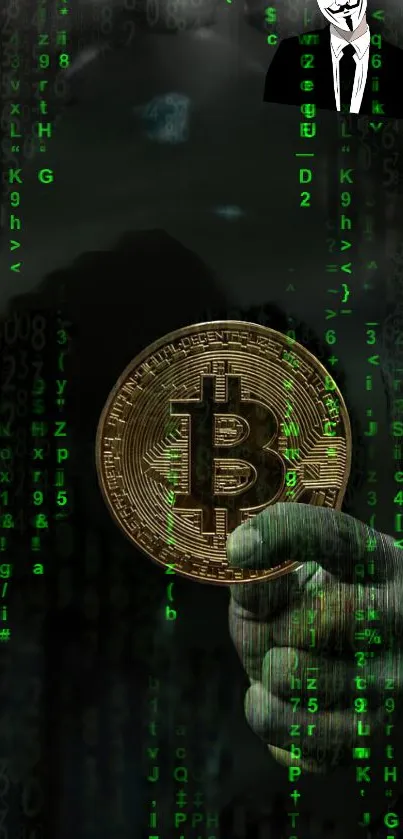 Bitcoin held in hand with matrix green code.